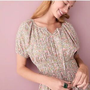 J Crew Cotton Cinched waist puff sleeve dress scattered blooms cottagecore